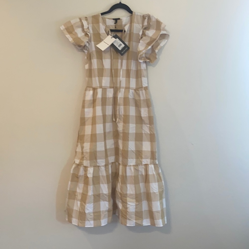 Beige and Cream colored Gingham Midi Dress